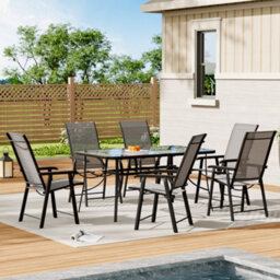 Breeins 7 Piece Outdoor Furniture Dining Set Tempered Glass Umbrella Table Folding Chairs For Patio Lounge Balcony 120Cm - thumbnail 1