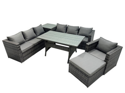 Fimous 8 Seater Outdoor Corner Sofa Chair Dining Table Set Garden Rattan Furniture Set With Side Table Big Stool Dark Grey - image 1