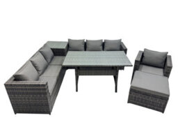 Fimous 8 Seater Outdoor Corner Sofa Chair Dining Table Set Garden Rattan Furniture Set With Side Table Big Stool Dark Grey - thumbnail 2