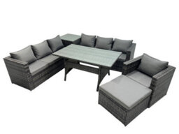 Fimous 8 Seater Outdoor Corner Sofa Chair Dining Table Set Garden Rattan Furniture Set With Side Table Big Stool Dark Grey - thumbnail 1