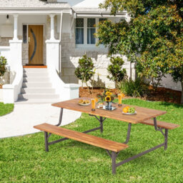 Costway Picnic Table Bench Set Solid Outdoor Wood Patio Dining Table And Bench - thumbnail 3