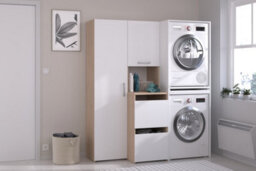 Parisot Stacked Utility Room Laundry Cabinet For Two Washing Machine Or Dryer With Cupboards And Storage Column - White Oak Effect - thumbnail 1