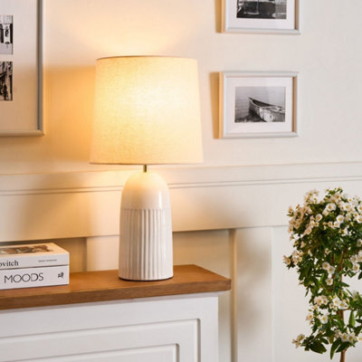 Beliani Off-White Textured Ceramic Table Lamp With Beige Linen Shade And Gold Accent, 50Cm - image 1