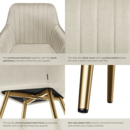 Tectake 1 Dining Chair Marilyn - Quilted Velvet, Continuous Backrest, Gold Steel Legs  - Cream/gold - thumbnail 5