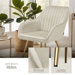 Tectake 1 Dining Chair Marilyn - Quilted Velvet, Continuous Backrest, Gold Steel Legs  - Cream/gold - thumbnail 4