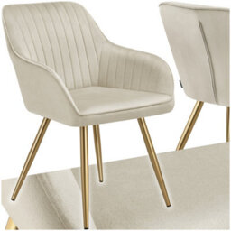 Tectake 1 Dining Chair Marilyn - Quilted Velvet, Continuous Backrest, Gold Steel Legs  - Cream/gold