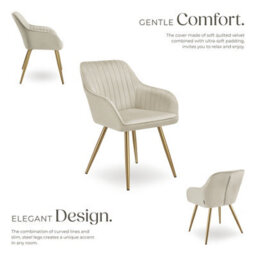 Tectake 1 Dining Chair Marilyn - Quilted Velvet, Continuous Backrest, Gold Steel Legs  - Cream/gold - thumbnail 3