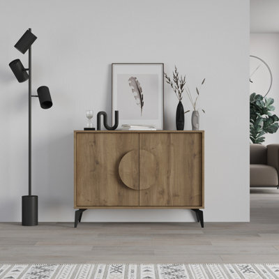 Decortie Gora Sideboard Console Modern Storage Cabinet With 2 Pull-Open Doors Metal Legs Dark Oak Effect 110Cm Width - image 1