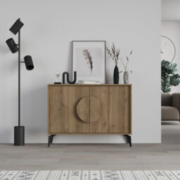 Decortie Gora Sideboard Console Modern Storage Cabinet With 2 Pull-Open Doors Metal Legs Dark Oak Effect 110Cm Width
