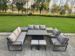 Fimous 9 Piece Garden Furniture Set 10-Seater Aluminium With Adjustable Rising Lifting Dining Table & Cushions Dark Grey - thumbnail 1