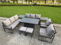 Fimous 9 Piece Garden Furniture Set 10-Seater Aluminium With Adjustable Rising Lifting Dining Table & Cushions Dark Grey - thumbnail 2