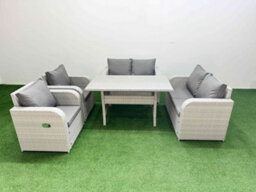 Fimous 6 Seater Outdoor Reclining Chair Love Sofa Set Rattan Garden Furniture Set Rectangular Dining Table Light Grey - thumbnail 1