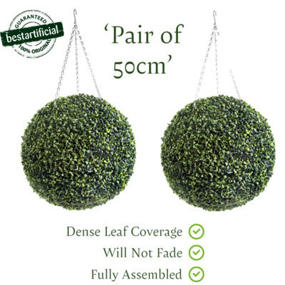 Pair Of Best Artificial 50Cm Green Boxwood Buxus Grass Hanging Basket Topiary Ball - Suitable For Outdoor Use - image 1
