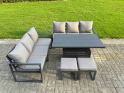 Fimous 5 Pieces Garden Furniture Set Aluminium Adjustable Rising Lifting Dining Table And Sofa Set With 2 Small Footstools - thumbnail 2