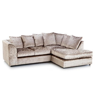 Furnishings For Less UK Crystal Crushed Velvet Fabric 3 To 4 Seater L Shaped Corner Sofa Mink Right Hand Facing - Scatter Back - image 1