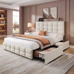 Matteo Beige Double Velvet Upholstered Bed Frame With 4 Storage Drawers & Adjustable Headboard With Usb Charging Ports - thumbnail 4