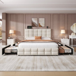 Matteo Beige Double Velvet Upholstered Bed Frame With 4 Storage Drawers & Adjustable Headboard With Usb Charging Ports - thumbnail 2