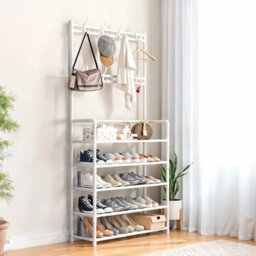 White Coat And Hat Stand 8 Hooks Hanger 5 Tiers Fabric Shoe Rack - thumbnail 3
