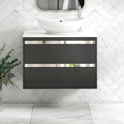 Royal Bathrooms Orion 800mm Matt Obsidian Black Wall Hung Plain White Countertop Vanity Unit 2 Drawer With Amaze Basin & Chrome Accent Trim - image 1