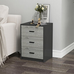 Urbn-Living Urbnliving Height 56Cm 3 Drawer Wooden Bedroom Bedside Cabinet Furniture Black Carcass & Ash Grey Drawers Storage Nightstand - thumbnail 2
