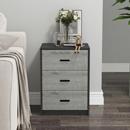 Urbn-Living Urbnliving Height 56Cm 3 Drawer Wooden Bedroom Bedside Cabinet Furniture Black Carcass & Ash Grey Drawers Storage Nightstand - thumbnail 3