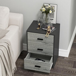 Urbn-Living Urbnliving Height 56Cm 3 Drawer Wooden Bedroom Bedside Cabinet Furniture Black Carcass & Ash Grey Drawers Storage Nightstand - thumbnail 4