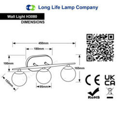 Long Life Lamps Company Modern Indoor 3 Frosted Glass Globe Scone Chrome Wall Light H3080 With Led G9 Warm White - thumbnail 2