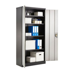 MMT Funiture Designs Grey And Black Stainless Steel Filing Cabinet With 4 Shelves - 2 Door Lockable Filing Cabinet - Tall Metal Office Storage Cupboard - thumbnail 3