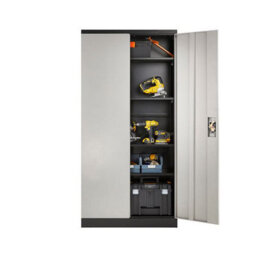MMT Funiture Designs Grey And Black Stainless Steel Filing Cabinet With 4 Shelves - 2 Door Lockable Filing Cabinet - Tall Metal Office Storage Cupboard - thumbnail 2