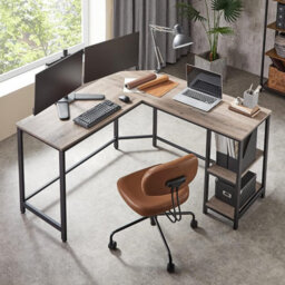 Corner Office Desk, L-Configuration Workstation, Gaming Station, Desk With 2 Shelves For Storage, Greige And Black