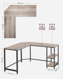 Songmics Corner Office Desk, L-Configuration Workstation, Gaming Station, Desk With 2 Shelves For Storage, Greige And Black - thumbnail 2