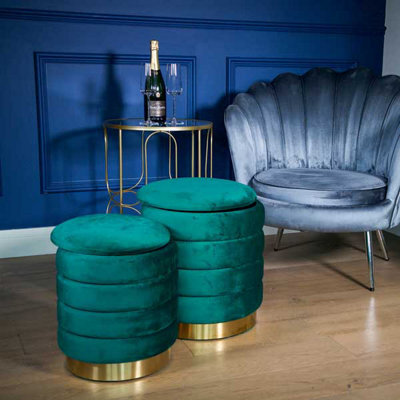 Madison & Mayfair Set Of Two Emerald Green Ottoman Stools With Gold Bases