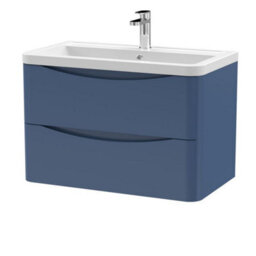 Dezine Thames 800mm 2 Drawer Satin Blue Wall Hung Vanity Unit - thumbnail 1