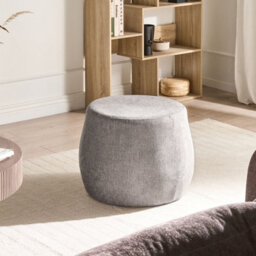 Wyld And Coco Light Grey Fabric Pouffe - Round Upholstered Ottoman, Eucalyptus Wood Base, W61 X D61 X H43Cm - thumbnail 2