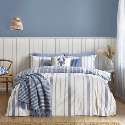 Catherine Lansfield Harbour Stripe Blue Duvet Cover Set Super King Bedding Set - image 1