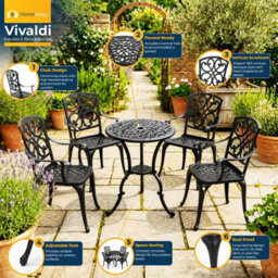 Homeology Vivaldi Black 5-Piece Cast Aluminium Garden Bistro Set - Baroque Design For Patio, Balcony & Conservatory - thumbnail 4