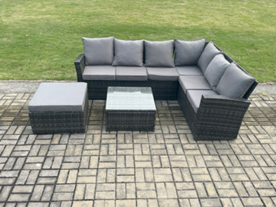 Fimous Rattan Garden Furniture Set Outdoor Lounge Corner Sofa Set With Square Coffee Table Big Footstool 7 Seater - image 1