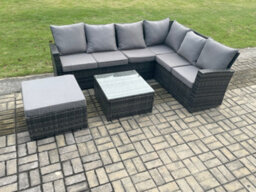 Fimous Rattan Garden Furniture Set Outdoor Lounge Corner Sofa Set With Square Coffee Table Big Footstool 7 Seater - thumbnail 2