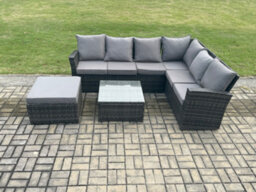 Fimous Rattan Garden Furniture Set Outdoor Lounge Corner Sofa Set With Square Coffee Table Big Footstool 7 Seater - thumbnail 1
