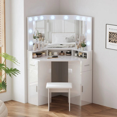 White Corner Dressing Table Stool Set Led Lights 3 Mirrors Drawers Makeup Desk - image 1
