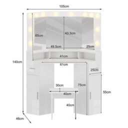 White Corner Dressing Table Stool Set Led Lights 3 Mirrors Drawers Makeup Desk - thumbnail 2
