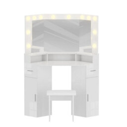 White Corner Dressing Table Stool Set Led Lights 3 Mirrors Drawers Makeup Desk - thumbnail 6
