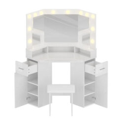 White Corner Dressing Table Stool Set Led Lights 3 Mirrors Drawers Makeup Desk - thumbnail 5