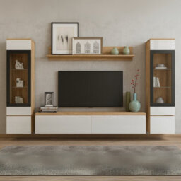 Vera Ii Wall Unit Living Room Storage System Wotan With White Gloss And Led Lights - thumbnail 1
