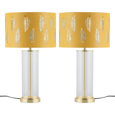 First Choice Lighting Set Of 2 Aura - Satin Brass Lamps With Ochre Fern Cut Out Shades - image 1