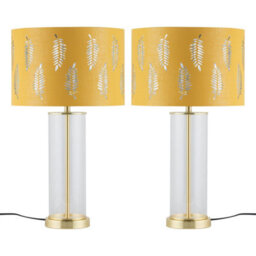 First Choice Lighting Set Of 2 Aura - Satin Brass Lamps With Ochre Fern Cut Out Shades