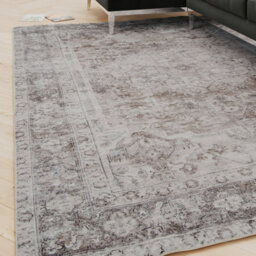 Loomed Oriental Design Cotton Chenille Rug Grey Beige Machine Washable 200Cm X 290Cm - thumbnail 1