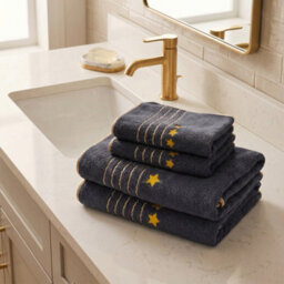 Living And Home 4 Pack Polyester Hand And Bath Towel Set Gold Star Striped Soft Absorbent Hanging Loop Bathroom Towels - thumbnail 1