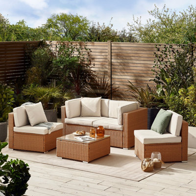 Furniturebox Orlando Beige Rattan Garden Sofa - Modular Outdoor Patio Garden Sofa, Table & 4 Chairs Garden Corner Sofa Set + Cover - image 1