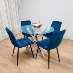 Kosy Koala Dining Table Set Round Glass Table With 4 Blue Velvet Chairs Dining Room Furniture